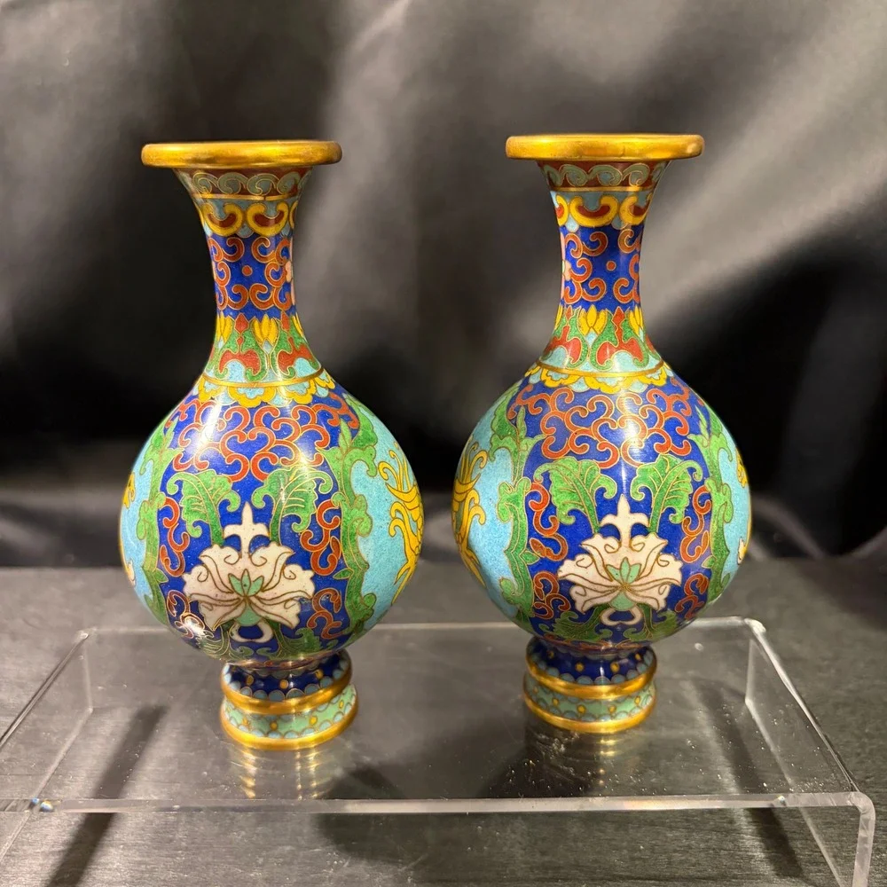 Vintage Chinese Cloisonne Enamel Phoenix Miniature Bud Vases Pair Turquoise 4in